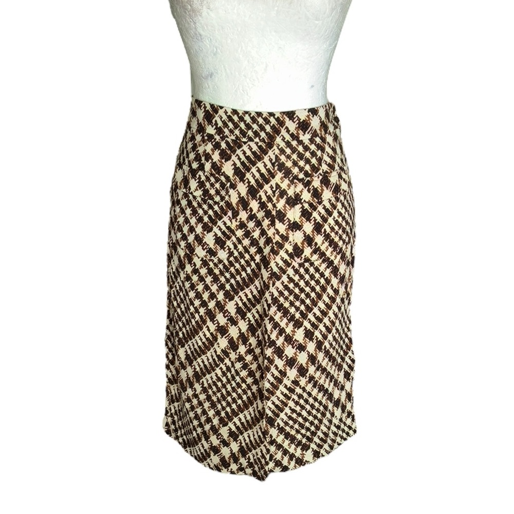 LN Diane Von Furstenberg Silk Cream Brown Houndstooth Print Knit Pencil Skirt  6